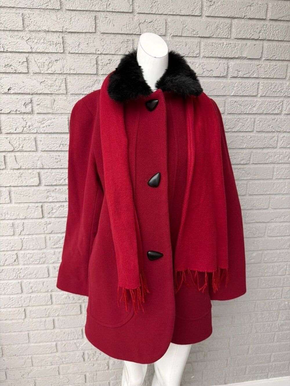 Nicole Miller Vintage-Style Red Wool Blend Faux-Fur Swing Coat Size L